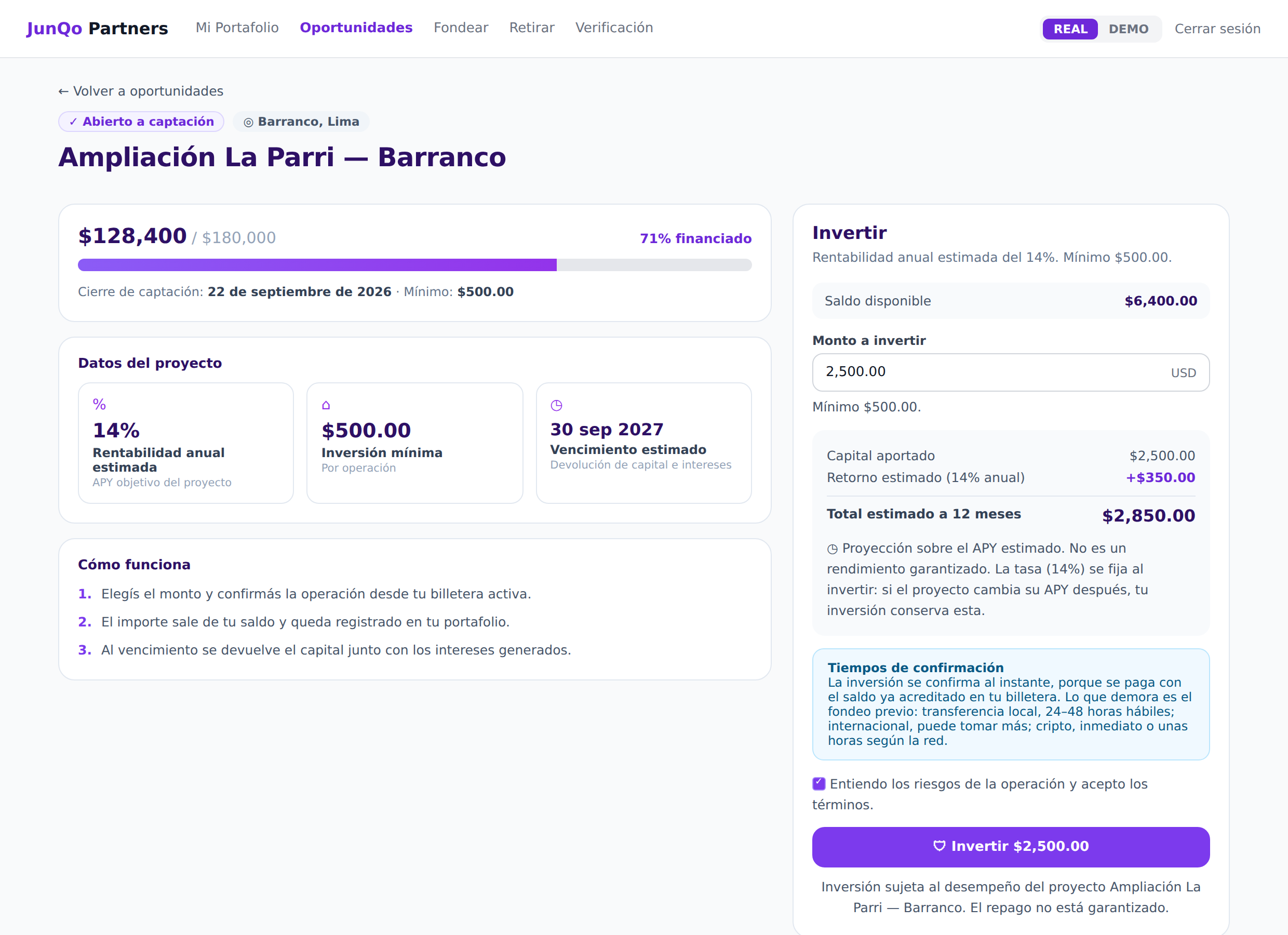 La ficha del proyecto con el widget de inversión y la proyección de retorno