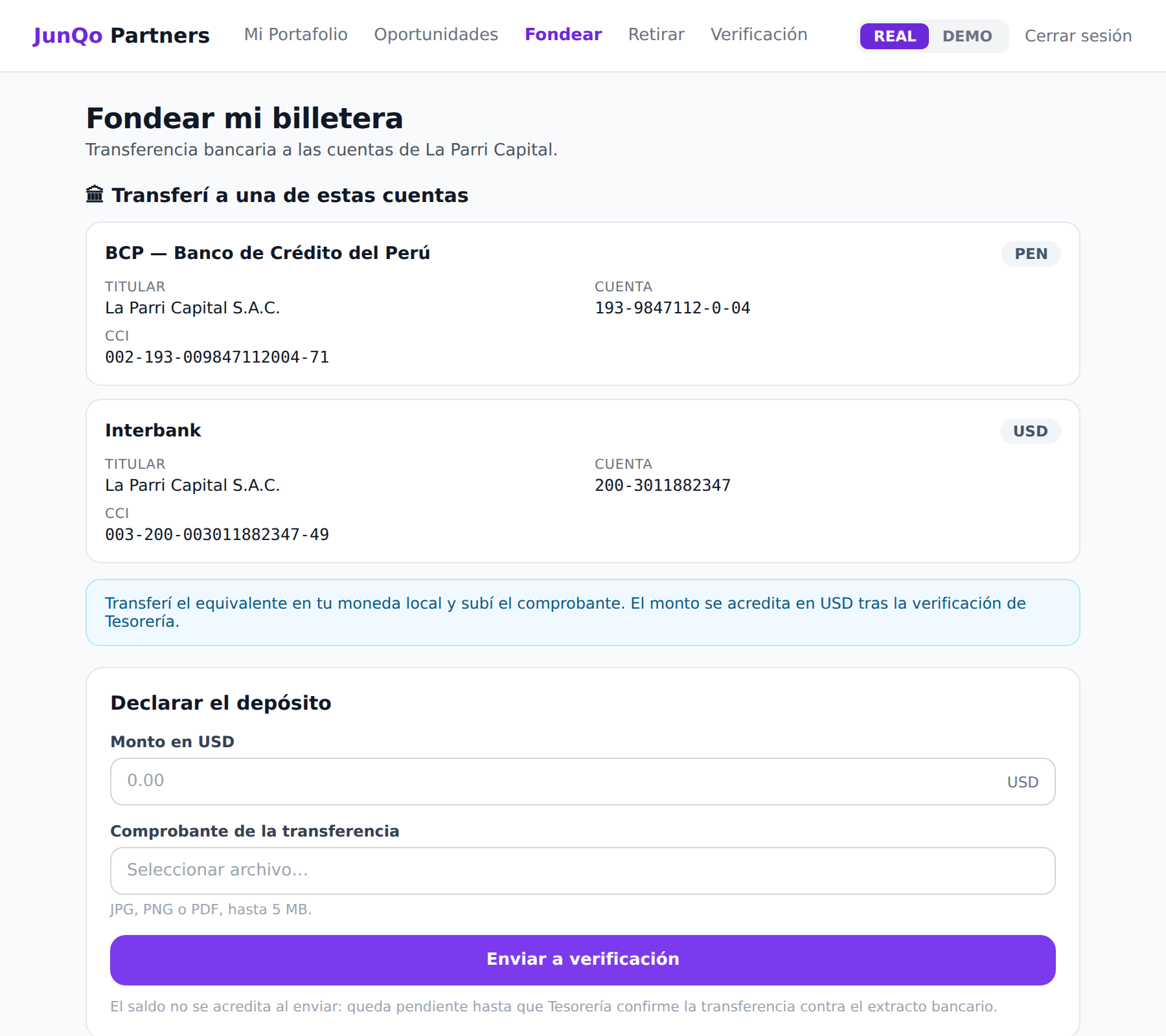 Fondeo por transferencia bancaria, con las cuentas y el formulario para declarar el depósito