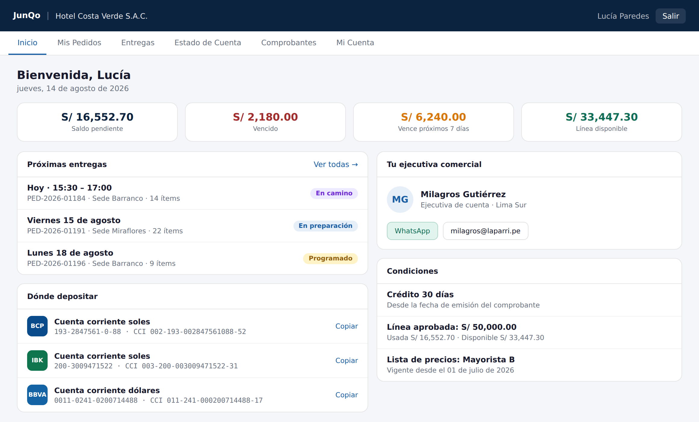 El inicio del portal: saldo, próximas entregas, la ejecutiva comercial y las cuentas bancarias