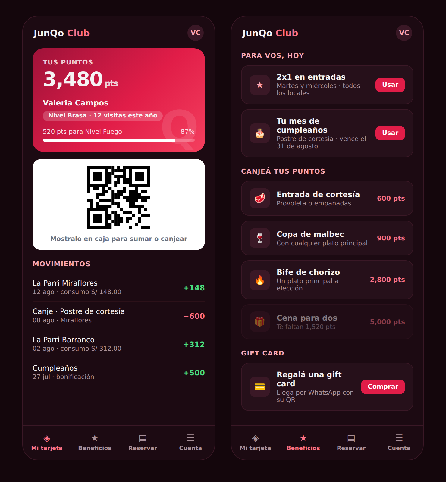La tarjeta del socio con sus puntos y el QR, y la pantalla de beneficios y canjes