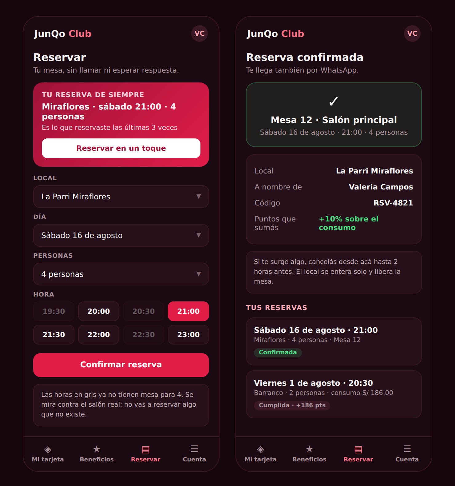 La pantalla de reserva con los horarios disponibles y la confirmación con la mesa asignada