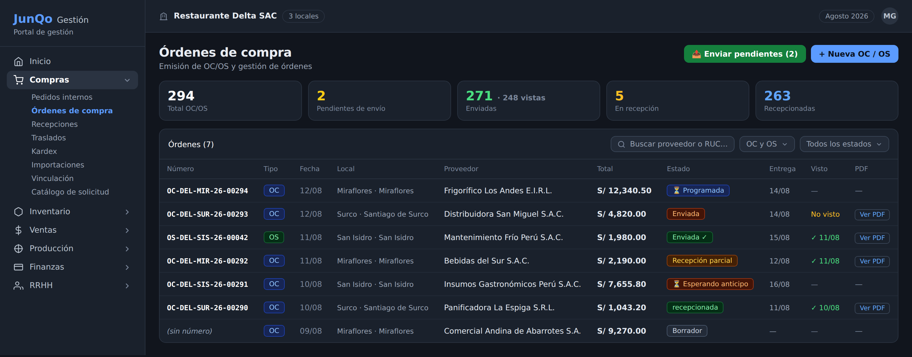 Órdenes de compra en JunQo Gestión